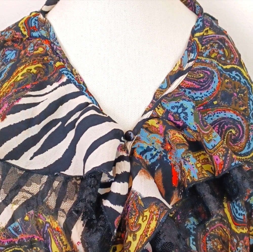 LE CAVIAR Zebra Floral-Graphic Lace Ribbon Ruffle Bell Sleeve  Edgy Blouse SZ L - Picture 7 of 15